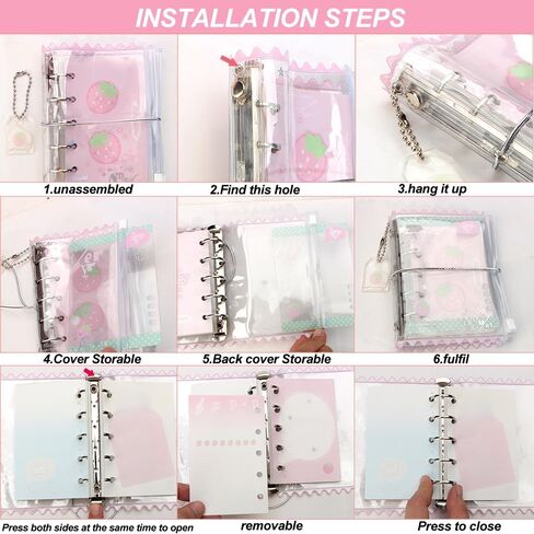 Kawaii M5 5 Rings Binder Notebook PVC Pink Strawberry Loor Leaf Binder Notebooks divillable Diolly Journal Cute Small Zipper Pocket Notebook دفتر دفتر يوميات للمدرسة اللوازم المكتبية المدرسية in Saudi Arabia