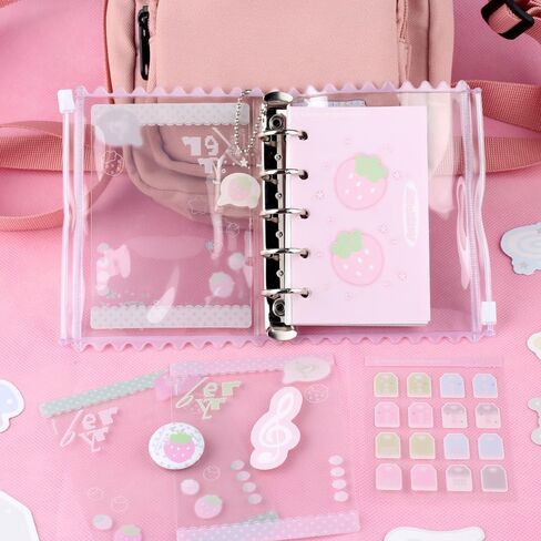 Kawaii M5 5 Rings Binder Notebook PVC Pink Strawberry Loor Leaf Binder Notebooks divillable Diolly Journal Cute Small Zipper Pocket Notebook دفتر دفتر يوميات للمدرسة اللوازم المكتبية المدرسية in Saudi Arabia