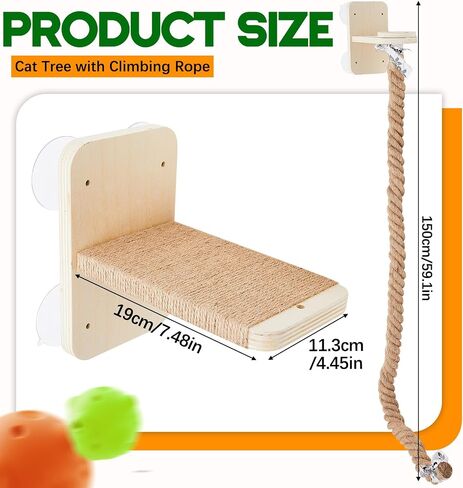 Weysat Cat Climbing Rope 2 Pcs Window Perch with 59.1 Inch Climbing Rope Wall Mounted Cat Tree Tower Toy with Scratching Post Kitten Ladder Jumping Platform Wall Steps for Playing and Rest in Saudi Arabia