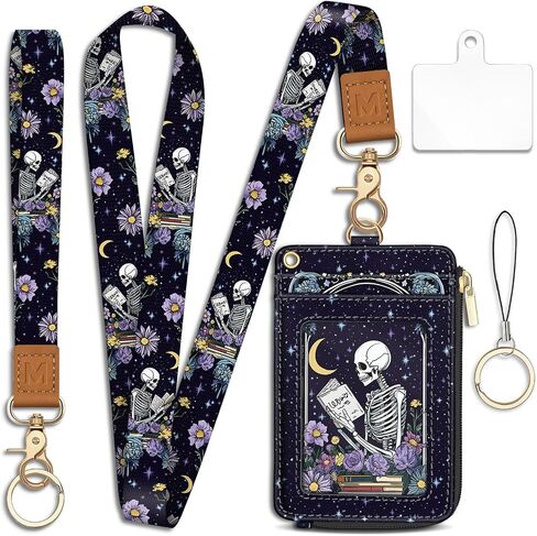 Goth Skeleton Book Lanyard Wallet with ID Badge Holder, Flowers Moon Star Small RFID Wallet Women Keychain Wristlet, Slim Credit Card Holder with Zipper Pocket Phone Lanyard Wrist Strap Office Teacher in Saudi Arabia