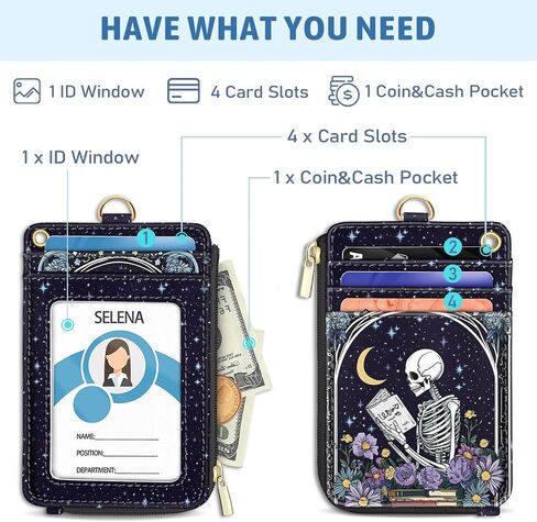Goth Skeleton Book Lanyard Wallet with ID Badge Holder, Flowers Moon Star Small RFID Wallet Women Keychain Wristlet, Slim Credit Card Holder with Zipper Pocket Phone Lanyard Wrist Strap Office Teacher in Saudi Arabia