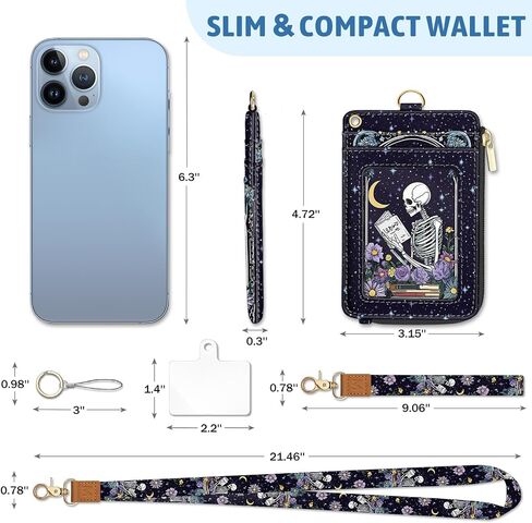 Goth Skeleton Book Lanyard Wallet with ID Badge Holder, Flowers Moon Star Small RFID Wallet Women Keychain Wristlet, Slim Credit Card Holder with Zipper Pocket Phone Lanyard Wrist Strap Office Teacher in Saudi Arabia