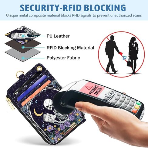 Goth Skeleton Book Lanyard Wallet with ID Badge Holder, Flowers Moon Star Small RFID Wallet Women Keychain Wristlet, Slim Credit Card Holder with Zipper Pocket Phone Lanyard Wrist Strap Office Teacher in Saudi Arabia
