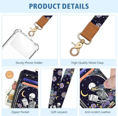 Goth Skeleton Book Lanyard Wallet with ID Badge Holder, Flowers Moon Star Small RFID Wallet Women Keychain Wristlet, Slim Credit Card Holder with Zipper Pocket Phone Lanyard Wrist Strap Office Teacher in Saudi Arabia