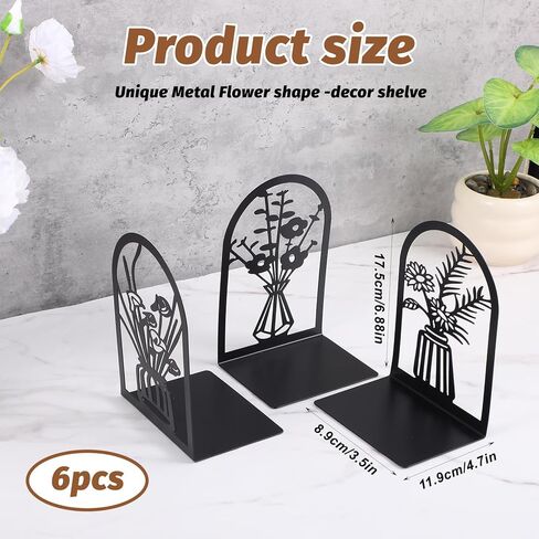 Book Ends, 3 Pair Metal Bookends, Decorative Book Ends for Shelves, Non-Slip Heavy Duty Bookends, Black End to Hold Books for Home Office 6.88 X 4.7 X 3.5 Inch in Kuwait