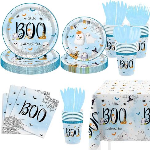 Mehofond Halloween Little Boo Baby Shower Decorations for Boy ، A Boo Little تقريبًا هي لوازم الحفلات الأزرق المتاح مجموعة 169pcs لوحات مناديل مناهضة البلاستيك لحفل استحمام الطفل in Saudi Arabia