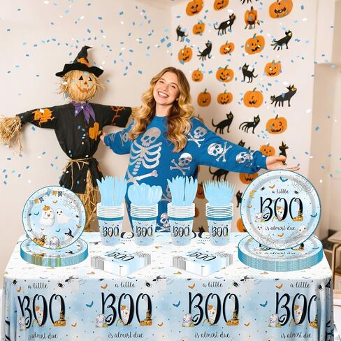 Mehofond Halloween Little Boo Baby Shower Decorations for Boy ، A Boo Little تقريبًا هي لوازم الحفلات الأزرق المتاح مجموعة 169pcs لوحات مناديل مناهضة البلاستيك لحفل استحمام الطفل in Saudi Arabia