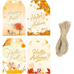 100 PCS Happy Fall Gift Tags 2.2 × 3.35 بوصة Hello Hello Autumn Hight Label Tags مع سلاسل للالتفاف الحاضر ، زفاف ، عيد الشكر ، حفلات عطلة الخريف (4 تصميمات) in Kuwait