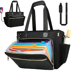 Teacher Tote Bag with Colourful Accordion File Organizer Pocket, USB Port& 15.6 Inch Laptop Compartment, Large Work Bag with Insulated Pocket for School Teacher Essential Nurse Women (Black) in Saudi Arabia