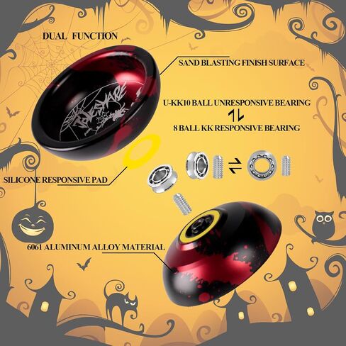 Professional Unresponsive Yoyo X5 for Pros and Responsive Yoyos for Kids Beginners - Replaceable Unresponsive Bearings, Gloves, Removal Bearing Tool and 5 Cords Included (red Black) in Kuwait