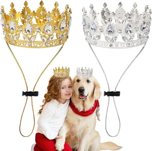 2Pcs Dog Crown for Medium Dogs, Silver Gold Rhinestone Dog Birthday Tiara with Adjustable Strap, Crown for Dogs Cat Pet Birthday Wedding Party Photo Prop Costume in Saudi Arabia