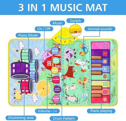 Kids Farm Animals Piano Play Mats,2 in 1 Baby Musical Floor Playmat,Educational Learning Keyboard,Touch Play Blanket Funny Xmas Christmas Birthday Gift Toys for Toddlers 3 Ages 4 5 Year Old Girl boy in Saudi Arabia