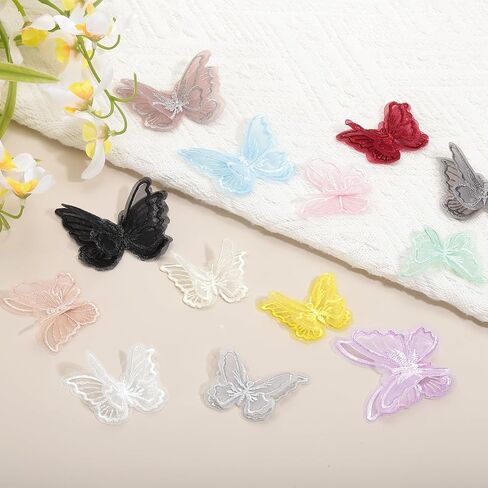 PATIKIL 20Pcs Butterfly Appliques Embellishments, 2 Inches Double Layer Lace Organza Butterfly Patches Sew on Appliques for Wedding Bride Dress Clothes Hat Curtain, Pink in Saudi Arabia