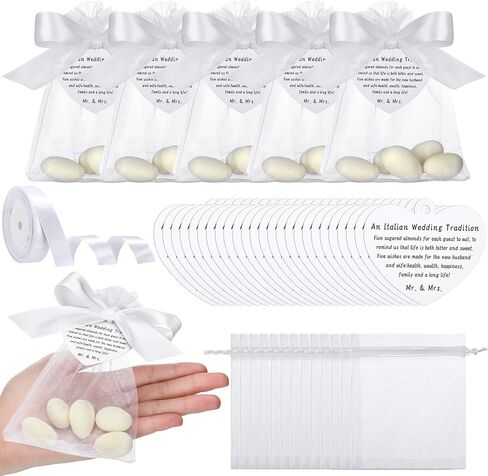 Fullhawl 101 Pcs 50 Sets Wedding Italian Almond Favors for Guests Include Five Wishes Traditional Tags Organza Bags Ribbon Italian Greek Wedding Tradition Gifts for Engagement (Almond Not Include) in Saudi Arabia