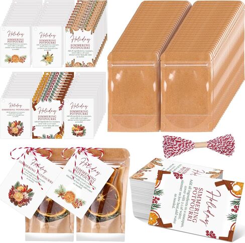 Gueevin 60 PCS عيد الميلاد Stovetop Potpourri Gifts Kraft Paper Pouch الوقوف أكياس أكياس قابلة للاستيلاء مع النافذة على نار هادئة تعليمات العلامات الورقية Potpourri وحبل للمعلم جار in Kuwait