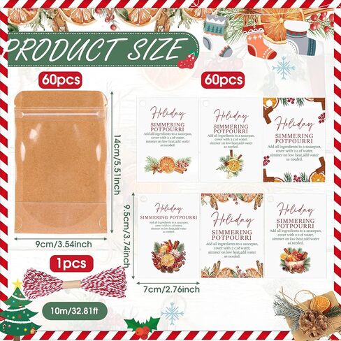 Gueevin 60 PCS عيد الميلاد Stovetop Potpourri Gifts Kraft Paper Pouch الوقوف أكياس أكياس قابلة للاستيلاء مع النافذة على نار هادئة تعليمات العلامات الورقية Potpourri وحبل للمعلم جار in Kuwait
