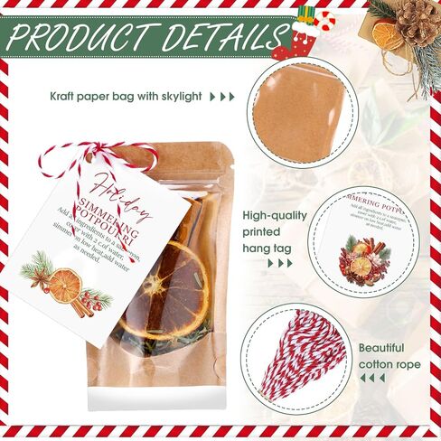 Gueevin 60 PCS عيد الميلاد Stovetop Potpourri Gifts Kraft Paper Pouch الوقوف أكياس أكياس قابلة للاستيلاء مع النافذة على نار هادئة تعليمات العلامات الورقية Potpourri وحبل للمعلم جار in Kuwait