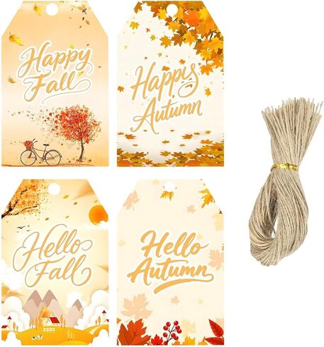 100 PCS Happy Fall Gift Tags 2.2 × 3.35 بوصة Hello Hello Autumn Hight Label Tags مع سلاسل للالتفاف الحاضر ، زفاف ، عيد الشكر ، حفلات عطلة الخريف (4 تصميمات) in Kuwait