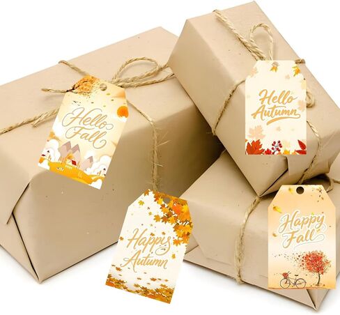 100 PCS Happy Fall Gift Tags 2.2 × 3.35 بوصة Hello Hello Autumn Hight Label Tags مع سلاسل للالتفاف الحاضر ، زفاف ، عيد الشكر ، حفلات عطلة الخريف (4 تصميمات) in Kuwait