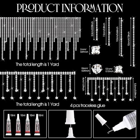 Quelay 2 Yard Rhinestone Fringe Trim with Glue, 2 Styles Sparkle Diamond Crystal Tassel Chain for DIY Clothing Belt Wedding Dress Jewelry Cowgirl Outfit Decorations in Saudi Arabia