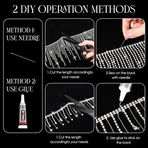 Quelay 2 Yard Rhinestone Fringe Trim with Glue, 2 Styles Sparkle Diamond Crystal Tassel Chain for DIY Clothing Belt Wedding Dress Jewelry Cowgirl Outfit Decorations in Saudi Arabia