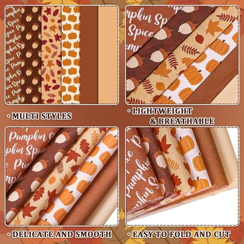 Whaline 90 Sheet Fall Tissgiving Paper Pumpkin Maple Leaves Acorn Wapp Paper Brown Khaki Colors Paper for DIY Autumn Flapp Birthday Party Crafts ، 13.8 × 19.7in (6 تصاميم) in Kuwait