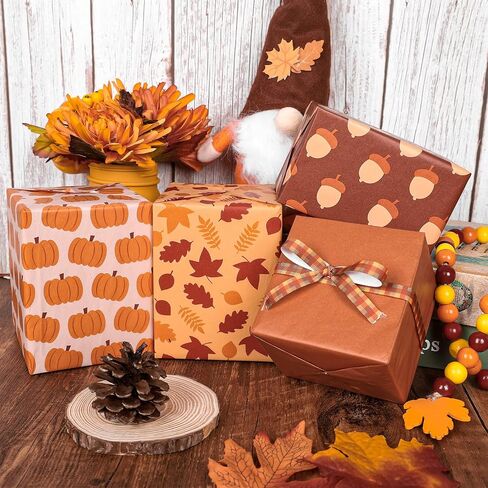 Whaline 90 Sheet Fall Tissgiving Paper Pumpkin Maple Leaves Acorn Wapp Paper Brown Khaki Colors Paper for DIY Autumn Flapp Birthday Party Crafts ، 13.8 × 19.7in (6 تصاميم) in Kuwait