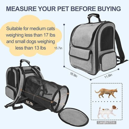 Cat Carrier Backpack for Large Cats Pet Backpack Carrier for Small Dogs, Expandable Cat Backpack Up to 15 Lbs, Foldable Cat Carrying Backpack for Travel Hiking (Black) in Kuwait