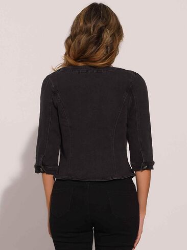 Allegra K Denim Jacket for Women's Collarless 2024 Cardigan Chest Pockets 3/4 Sleeve Crop Jean Jackets in Saudi Arabia