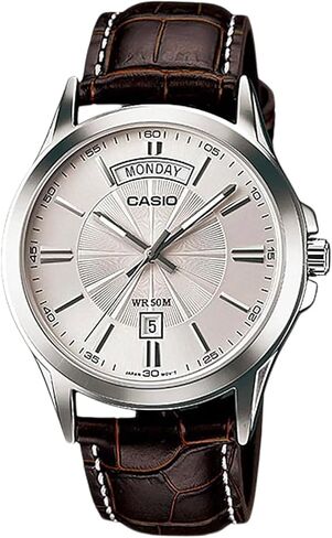 Casio #MTP1381L-7AV Men's Classic Leather Band 50M Day Date Silver Dial Watch in Saudi Arabia