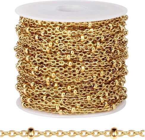 [33 FT] 18K Gold PVD Plated Satellite Chain Bulk for Jewelry Making 2mm 304 Stainless Steel Satellite Ball Beaded Cable Link Chains Roll Spool for DIY Jewelry Making Craft in Saudi Arabia