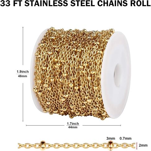 [33 FT] 18K Gold PVD Plated Satellite Chain Bulk for Jewelry Making 2mm 304 Stainless Steel Satellite Ball Beaded Cable Link Chains Roll Spool for DIY Jewelry Making Craft in Saudi Arabia