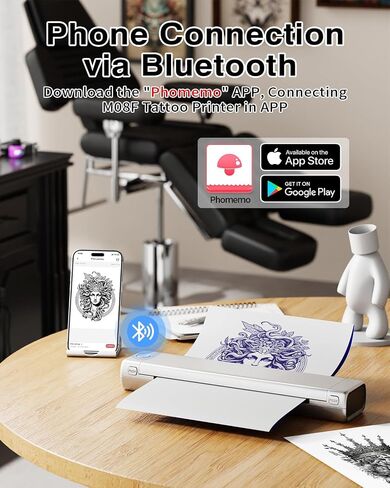 Phomemo M08f Bluetooth Tattoo Stency الطابعة والطابعة السوداء للحالة المحمولة للوشم ، متوافق مع الهاتف الذكي والكمبيوتر الشخصي ، والفضة in Kuwait