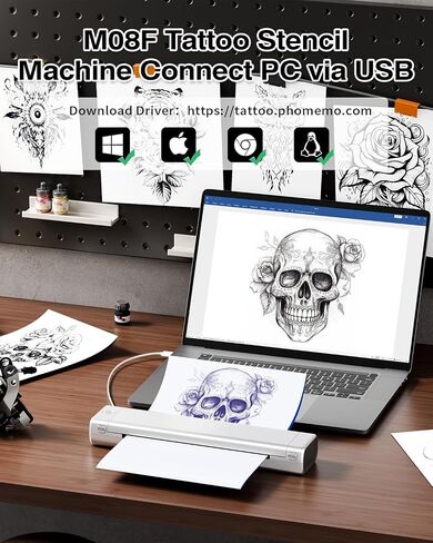 Phomemo M08f Bluetooth Tattoo Stency الطابعة والطابعة السوداء للحالة المحمولة للوشم ، متوافق مع الهاتف الذكي والكمبيوتر الشخصي ، والفضة in Kuwait