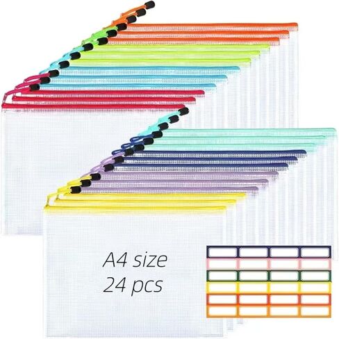A4 Mesh Zipper Pouch Bags, 24pcs 8 Colors Plastic Zipper Pouches with Sticky Labels - Zipper Bags for Organizing, Zipper Pouches for School/Office/Home (A4 Size) in Saudi Arabia