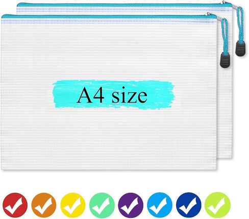 A4 Mesh Zipper Pouch Bags, 24pcs 8 Colors Plastic Zipper Pouches with Sticky Labels - Zipper Bags for Organizing, Zipper Pouches for School/Office/Home (A4 Size) in Saudi Arabia
