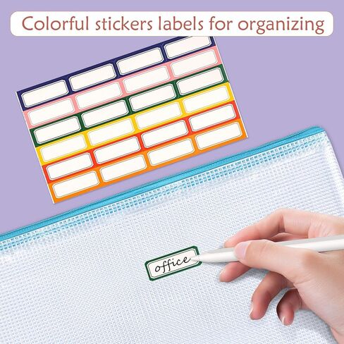 A4 Mesh Zipper Pouch Bags, 24pcs 8 Colors Plastic Zipper Pouches with Sticky Labels - Zipper Bags for Organizing, Zipper Pouches for School/Office/Home (A4 Size) in Saudi Arabia