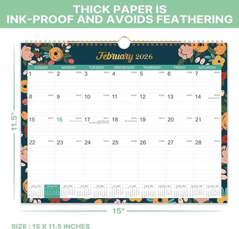 2026 Calendar - 2026 Wall Calendar, Jan 2026 - Dec 2026, 2026 Wall Calendar 12 Month, 15" x 11.5", Twin-Wire Binding, Julian Dates, Large Block, Notes, To-do List, Thick Paper, Perfect for Organizing - Floral in Saudi Arabia
