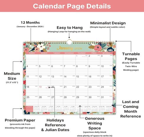 2026 Calendar - 2026 Wall Calendar, Jan 2026 - Dec 2026, 2026 Wall Calendar 12 Month, 15" x 11.5", Twin-Wire Binding, Julian Dates, Large Block, Notes, To-do List, Thick Paper, Perfect for Organizing - Floral in Saudi Arabia