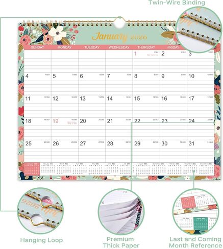2026 Calendar - 2026 Wall Calendar, Jan 2026 - Dec 2026, 2026 Wall Calendar 12 Month, 15" x 11.5", Twin-Wire Binding, Julian Dates, Large Block, Notes, To-do List, Thick Paper, Perfect for Organizing - Floral in Saudi Arabia