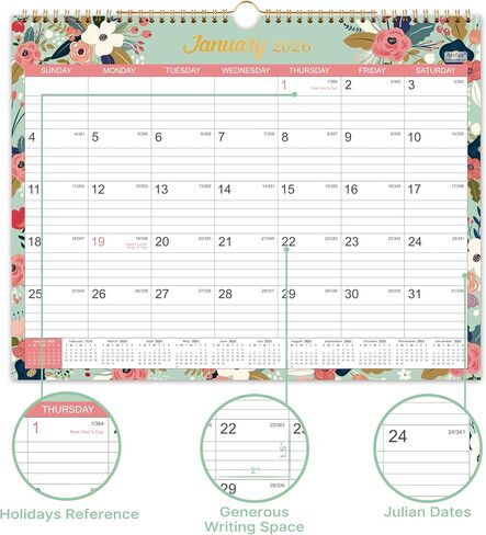 2026 Calendar - 2026 Wall Calendar, Jan 2026 - Dec 2026, 2026 Wall Calendar 12 Month, 15" x 11.5", Twin-Wire Binding, Julian Dates, Large Block, Notes, To-do List, Thick Paper, Perfect for Organizing - Floral in Saudi Arabia