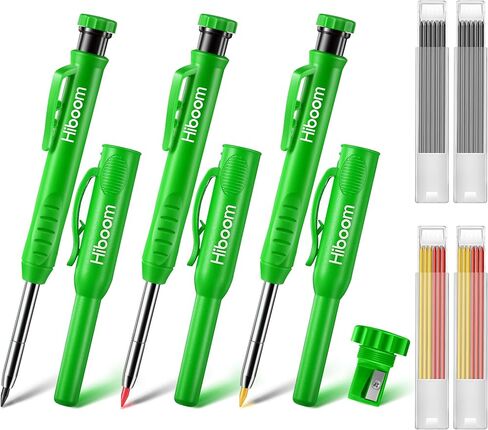 Hiboom 3 Pack Carpenter Pencil with 24 Refills (Red, Black, Yellow), 2.8 mm Heavy Duty Construction Pencil Built in Sharpener, Woodworking Marking Tool Solid Long Nosed Deep Hole(Green,24) in Saudi Arabia