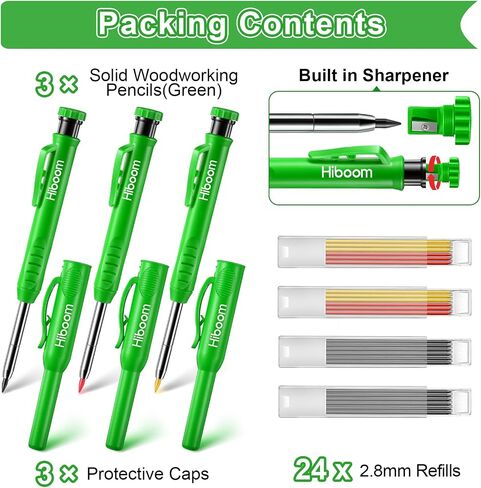 Hiboom 3 Pack Carpenter Pencil with 24 Refills (Red, Black, Yellow), 2.8 mm Heavy Duty Construction Pencil Built in Sharpener, Woodworking Marking Tool Solid Long Nosed Deep Hole(Green,24) in Saudi Arabia