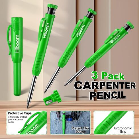 Hiboom 3 Pack Carpenter Pencil with 24 Refills (Red, Black, Yellow), 2.8 mm Heavy Duty Construction Pencil Built in Sharpener, Woodworking Marking Tool Solid Long Nosed Deep Hole(Green,24) in Saudi Arabia