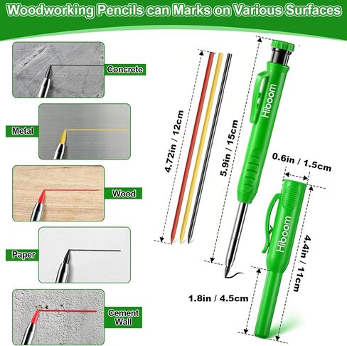 Hiboom 3 Pack Carpenter Pencil with 24 Refills (Red, Black, Yellow), 2.8 mm Heavy Duty Construction Pencil Built in Sharpener, Woodworking Marking Tool Solid Long Nosed Deep Hole(Green,24) in Saudi Arabia