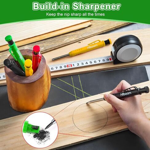 Hiboom 3 Pack Carpenter Pencil with 24 Refills (Red, Black, Yellow), 2.8 mm Heavy Duty Construction Pencil Built in Sharpener, Woodworking Marking Tool Solid Long Nosed Deep Hole(Green,24) in Saudi Arabia