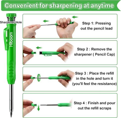 Hiboom 3 Pack Carpenter Pencil with 24 Refills (Red, Black, Yellow), 2.8 mm Heavy Duty Construction Pencil Built in Sharpener, Woodworking Marking Tool Solid Long Nosed Deep Hole(Green,24) in Saudi Arabia