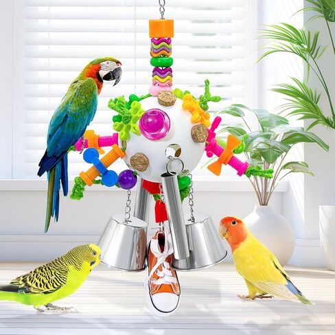 Bird Toys, Parrot Pullable Stainless Steel Cup Colorful Acrylic Stick Chew Toys for Amazons Mini Macaws African Greys Cockatoos Conures,Cockatiels, Lovebirds，Parrotlet，Eclectus (White) in Kuwait