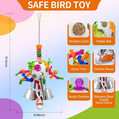 Bird Toys, Parrot Pullable Stainless Steel Cup Colorful Acrylic Stick Chew Toys for Amazons Mini Macaws African Greys Cockatoos Conures,Cockatiels, Lovebirds，Parrotlet，Eclectus (White) in Kuwait