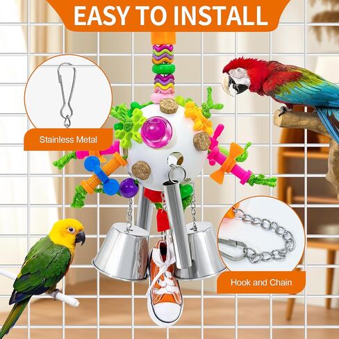 Bird Toys, Parrot Pullable Stainless Steel Cup Colorful Acrylic Stick Chew Toys for Amazons Mini Macaws African Greys Cockatoos Conures,Cockatiels, Lovebirds，Parrotlet，Eclectus (White) in Kuwait